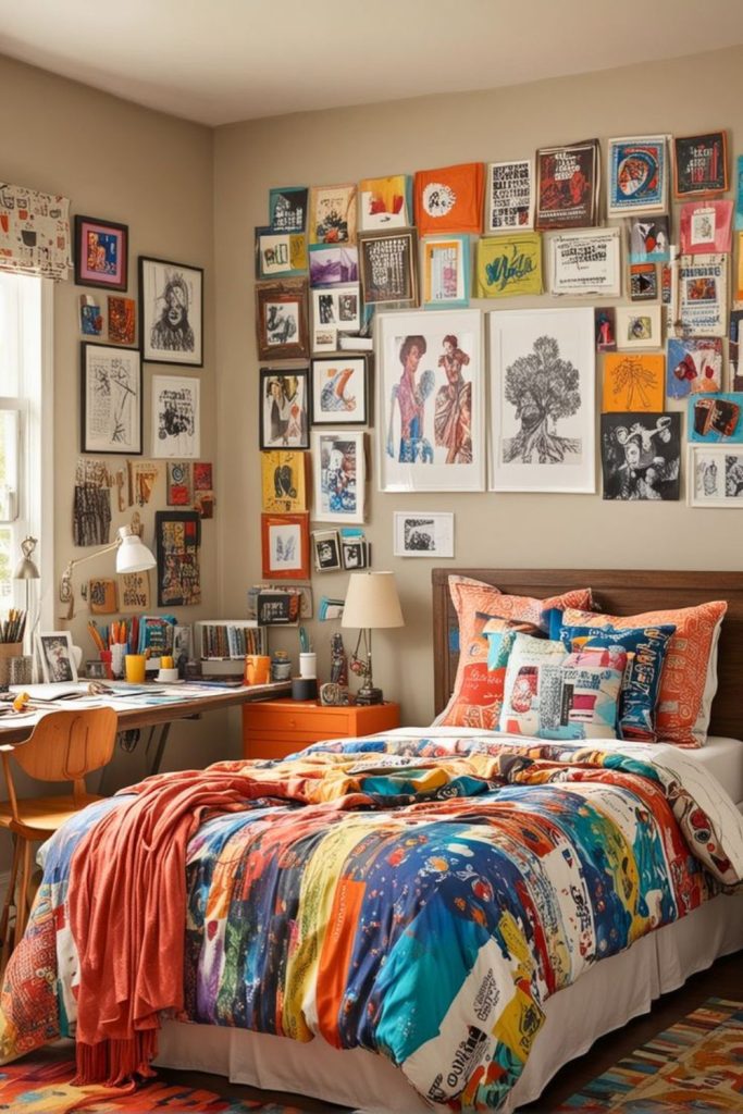 Eclectic teen room with memory gallery.