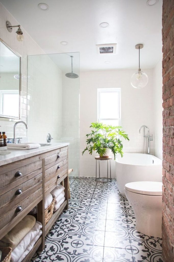 Eclectic patterned tile bathroom decor.