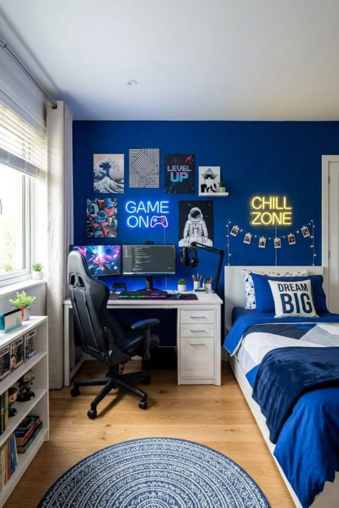 Electric blue contemporary teen bedroom design.