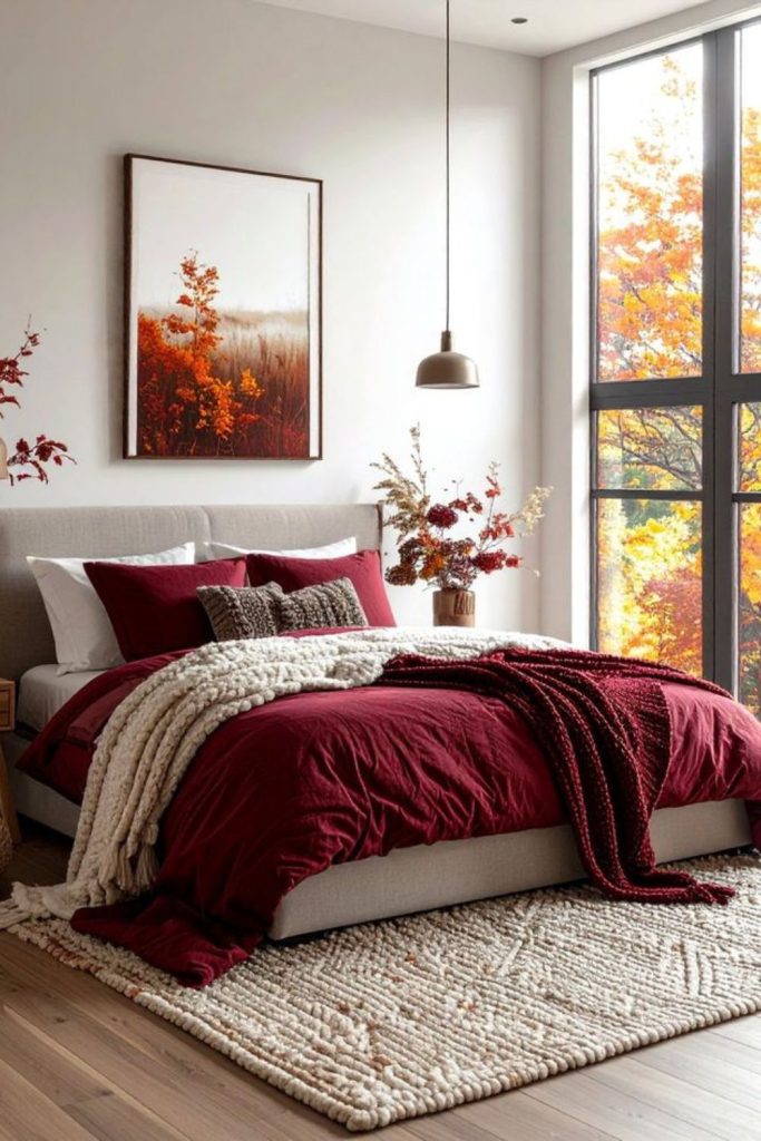 Elegant burgundy autumn bedroom decor.