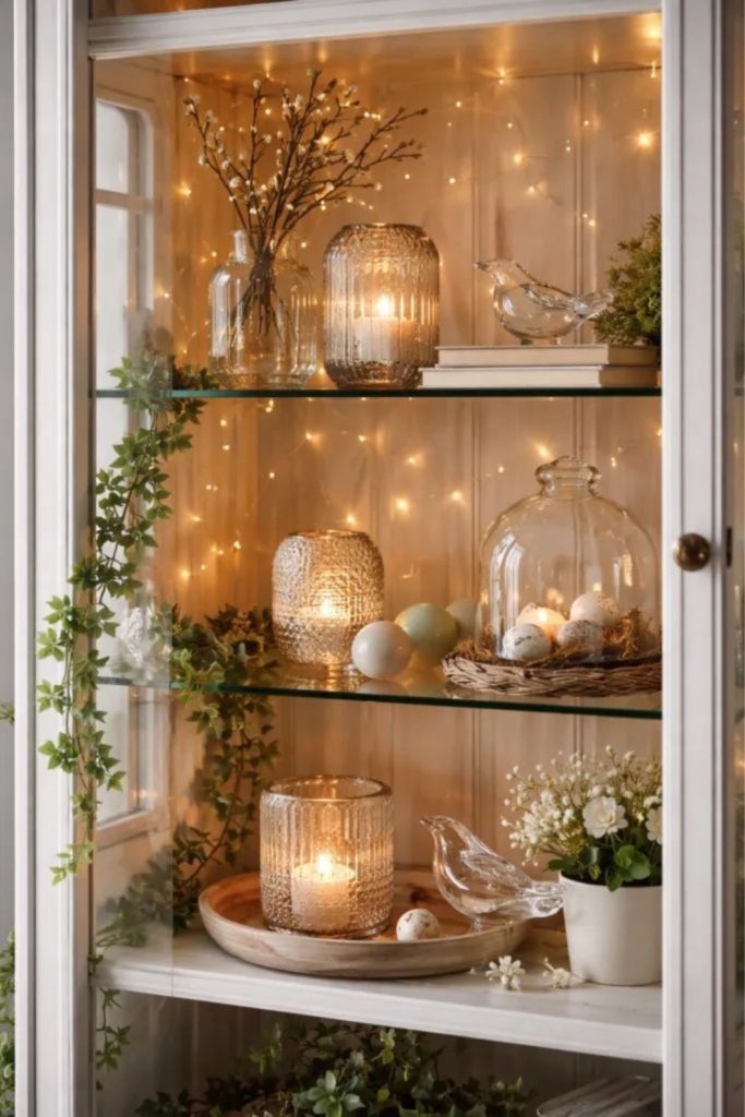 Glass jars styled on open shelves.