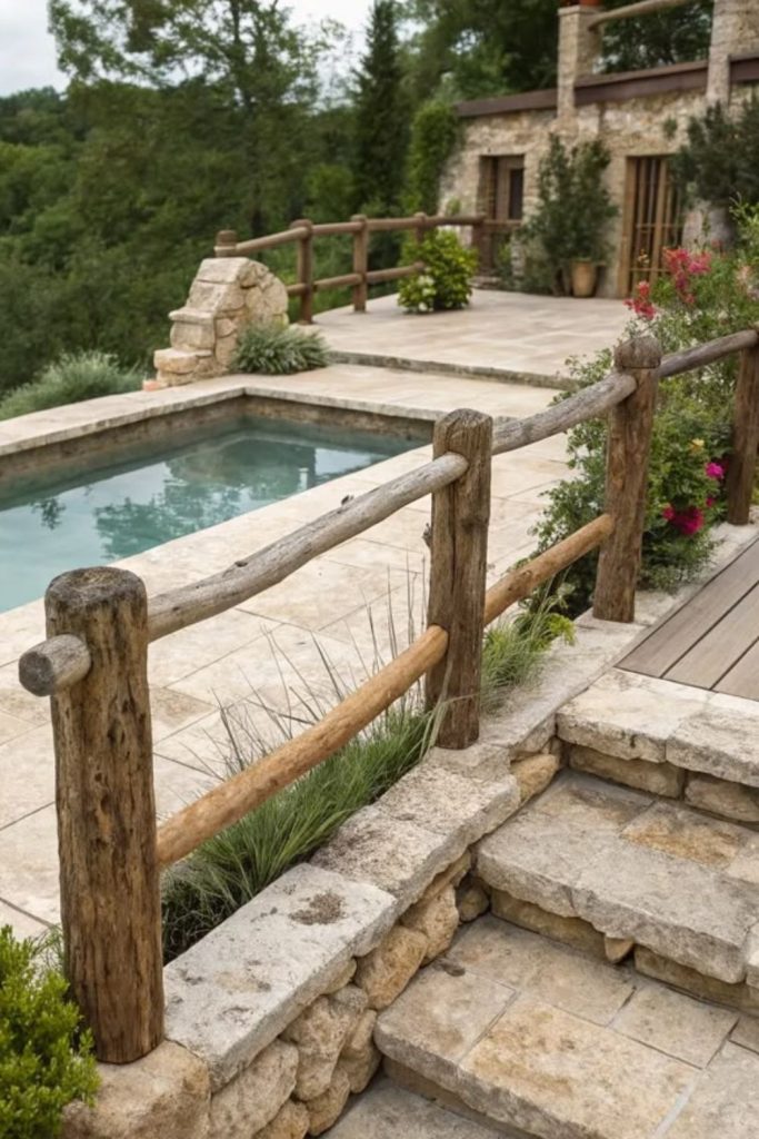 Stone and wood pool ladder style.