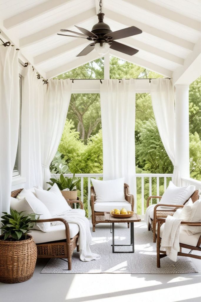 Elegant white column covered veranda design.