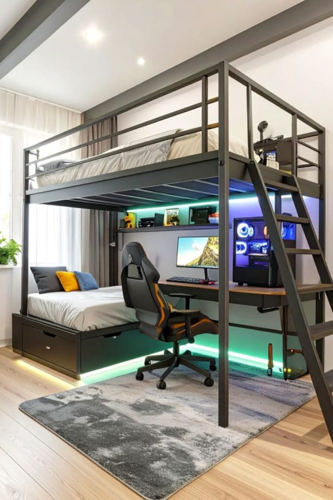 Elevated dorm bed gaming station setup.