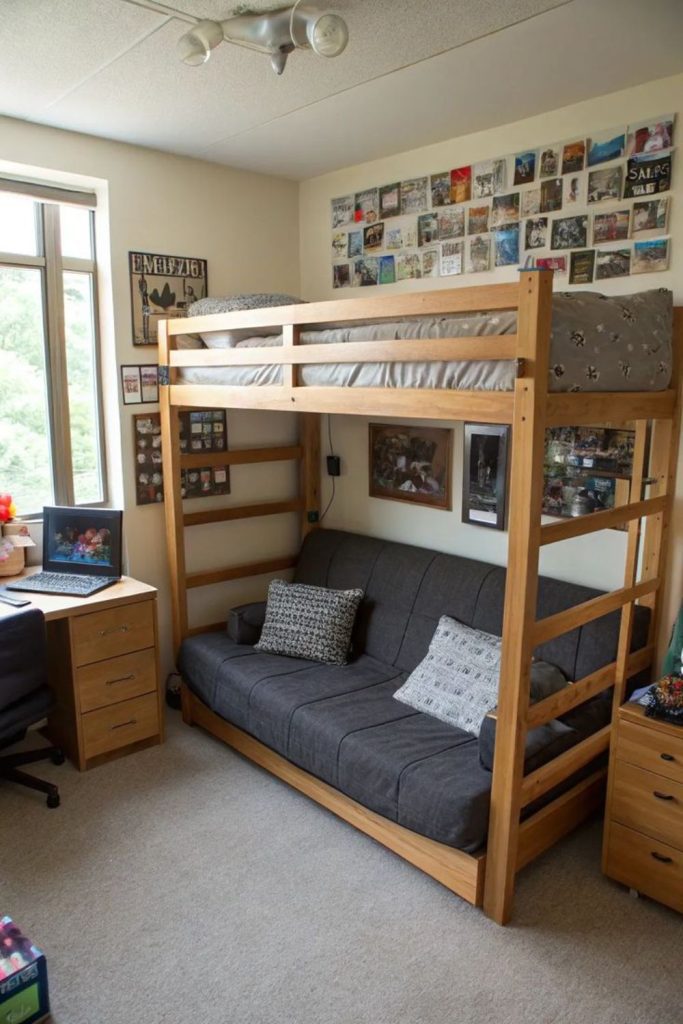 Elevated bed dorm room movie lounge.