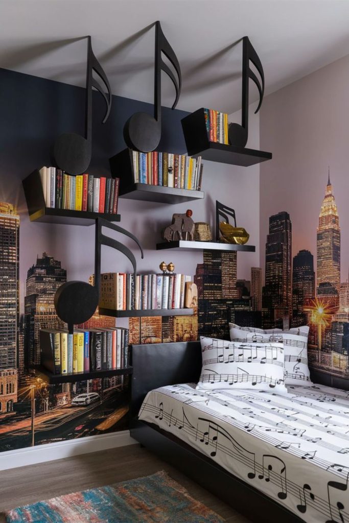 Elevated loft bed music corner.