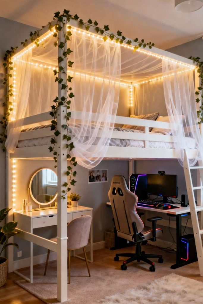 Elevated loft bed vanity station.