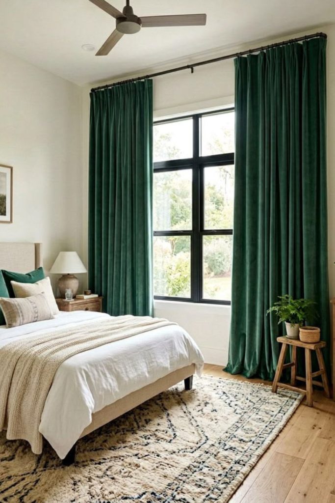 Emerald curtains with light filtering blinds.