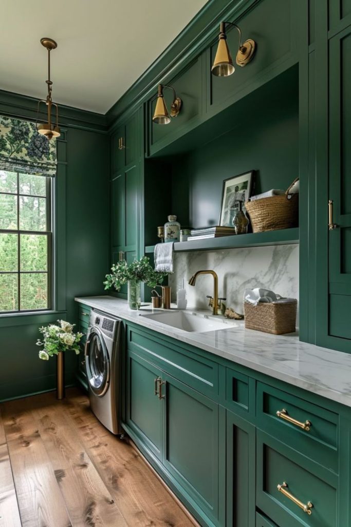 Emerald green luxury laundry cabinets.