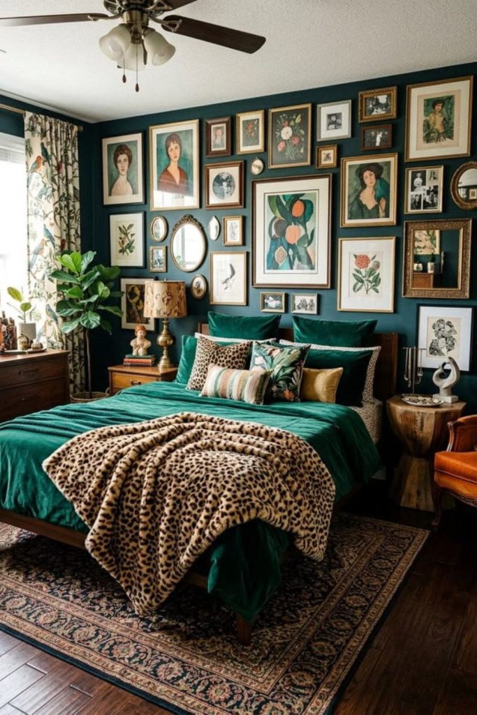 Emerald leopard bedroom with velvet décor.