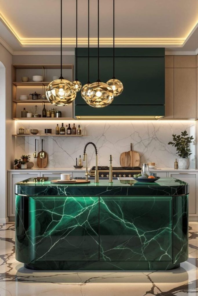 Emerald luxury kitchen island with sink.