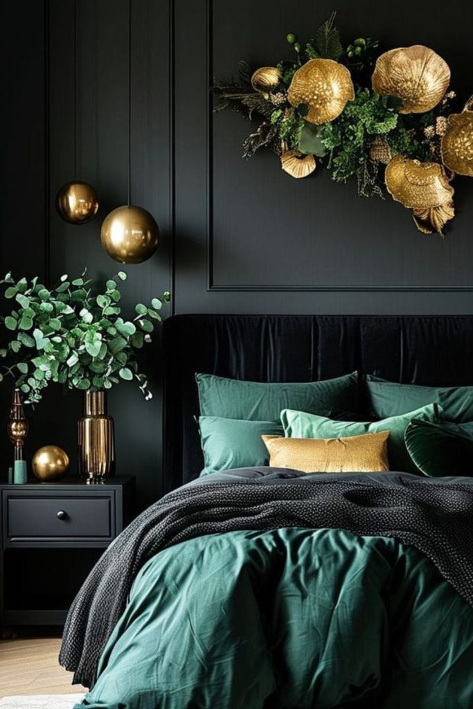 Emerald green and black bedroom sanctuary.