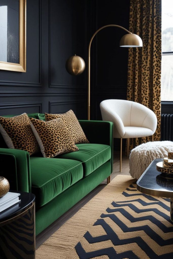 Emerald velvet cheetah luxury living room.