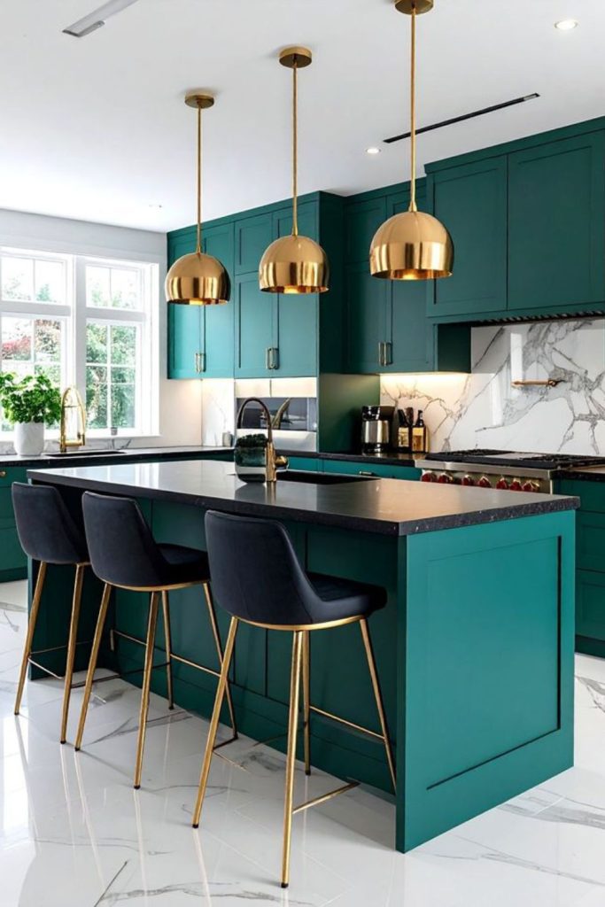 Emerald green kitchen island with sink.