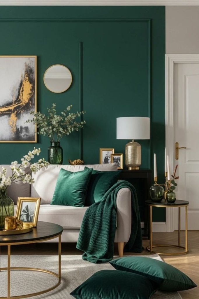 Emerald walls with velvet seating arrangement.