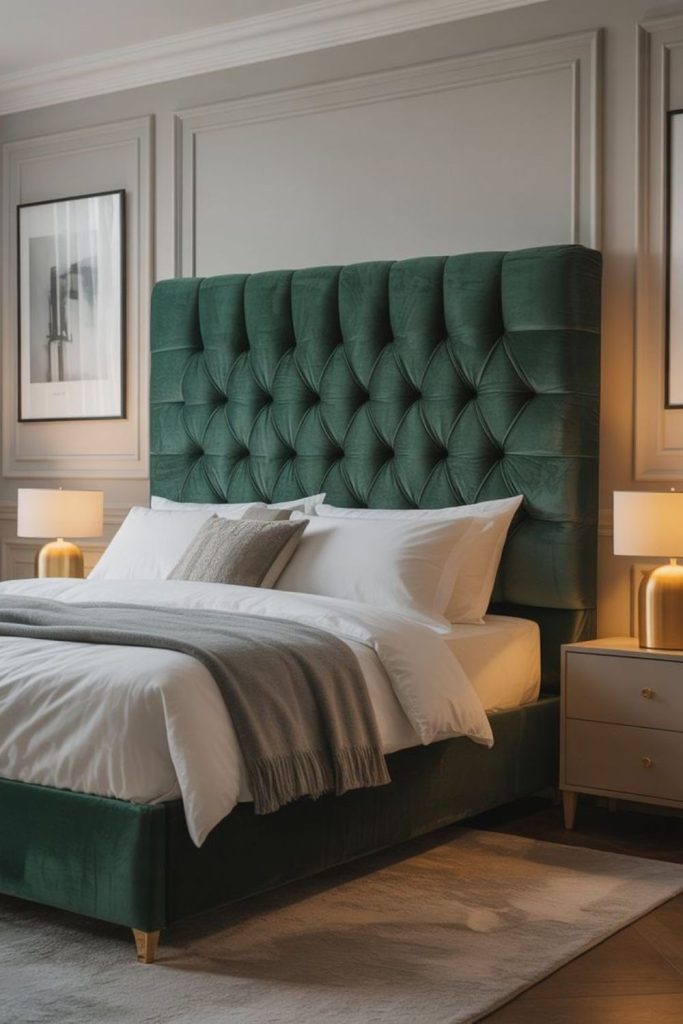 Emerald velvet tufted luxury bed.