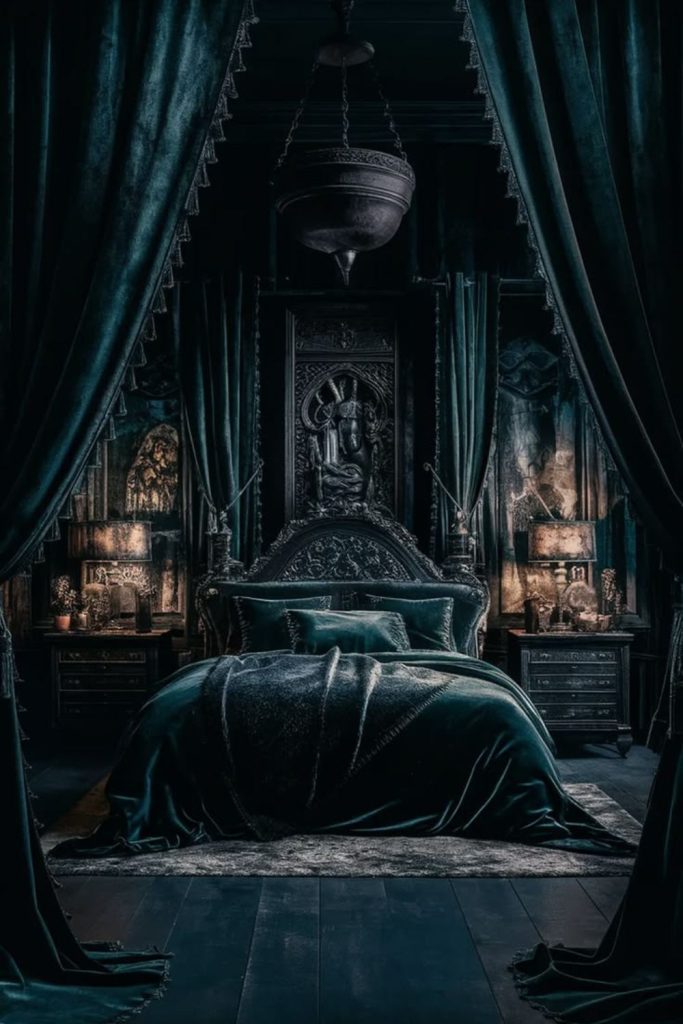 Enchanted black manor inspired bedroom design.