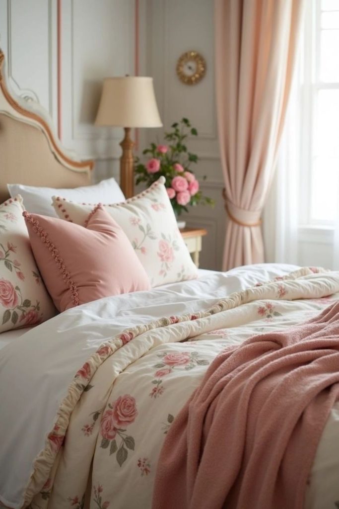 English rose bedroom with linen textures