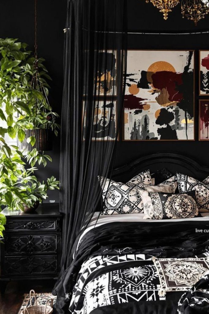 Timeless black Art Nouveau bedroom sanctuary.