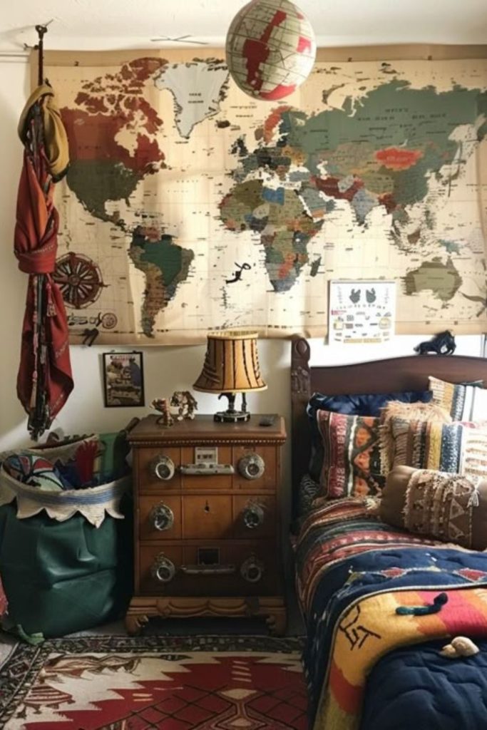 Travel-themed adventure dorm room design.