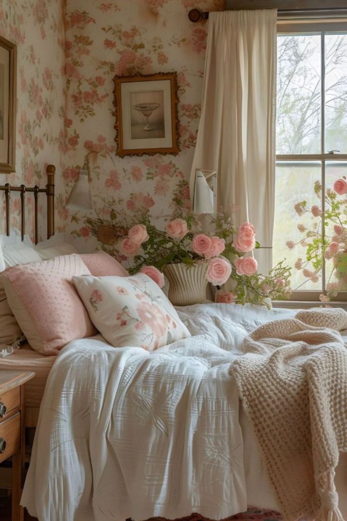 Faded floral bedroom with vintage charm