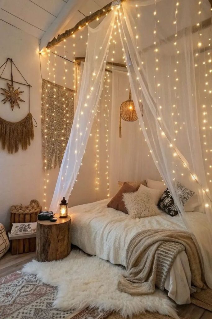 Fairy lights draped across bed canopy.