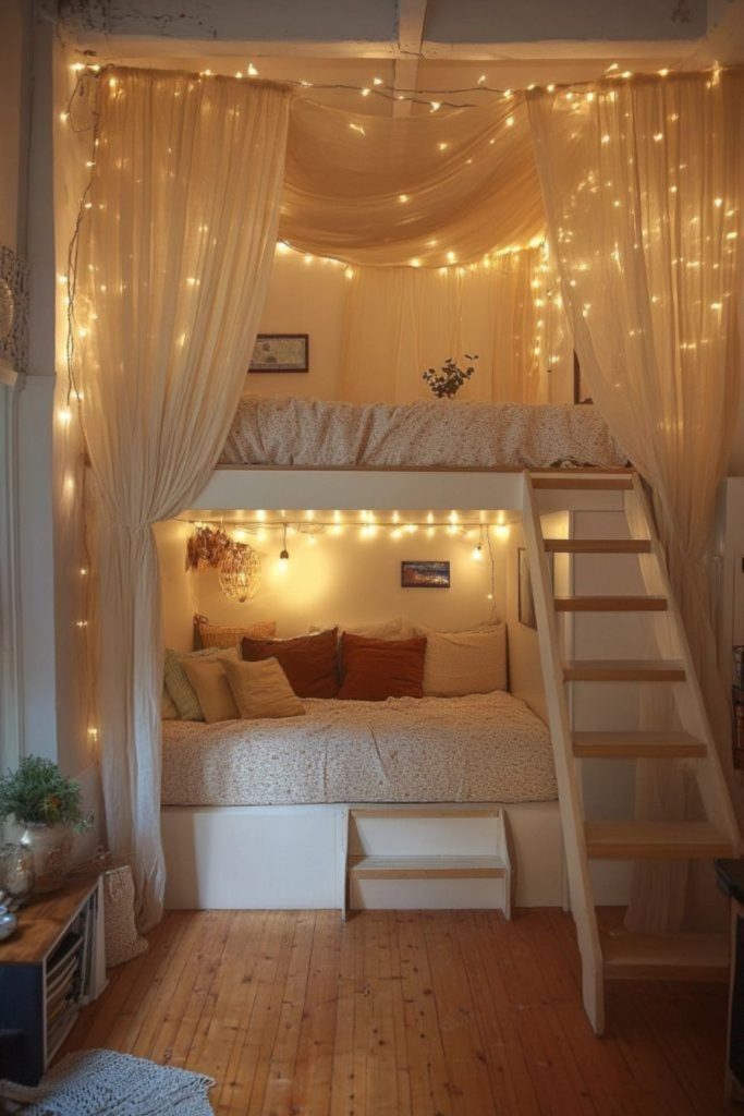 Fairy light lofted bed dorm nook.