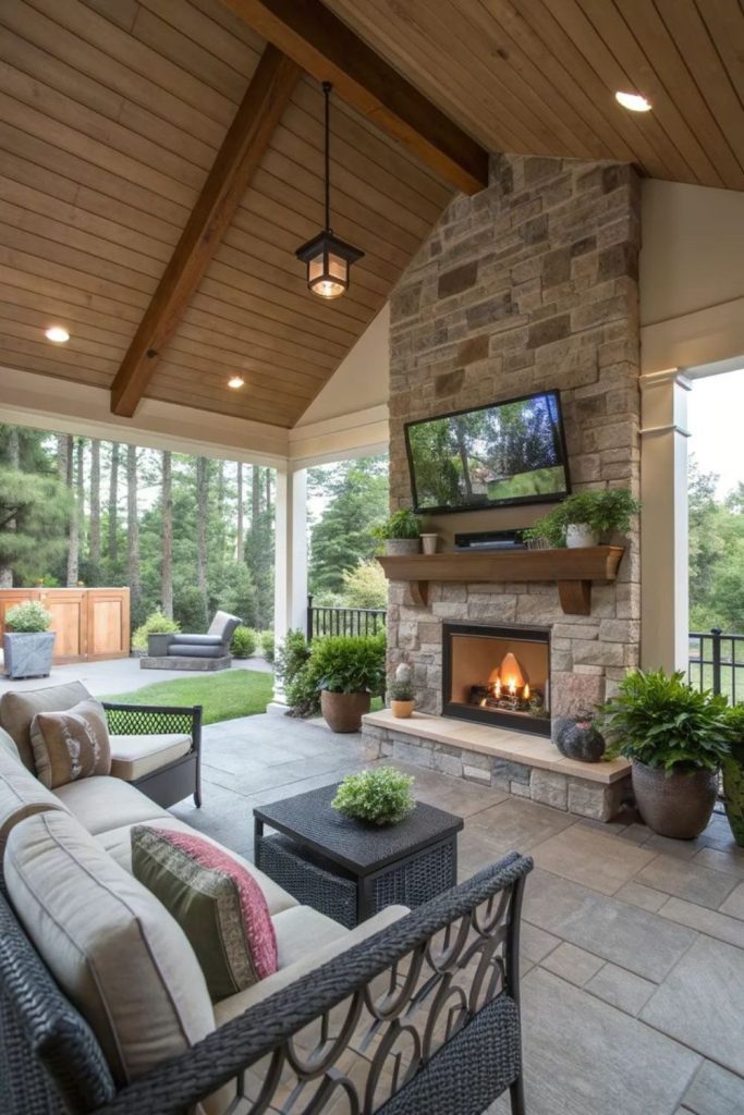 Family entertainment covered porch with dining.