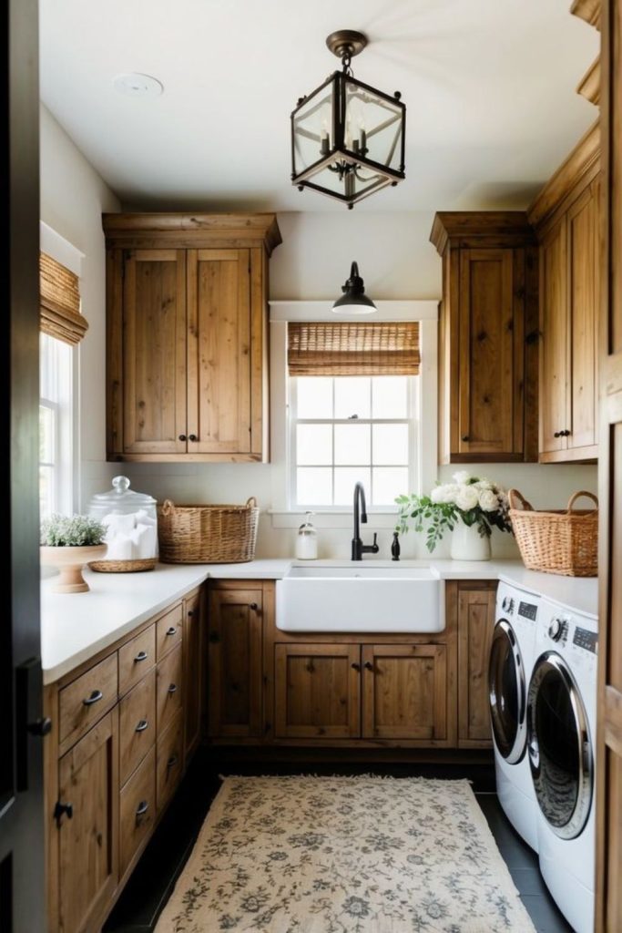 Rustic farmhouse laundry room cabinets.