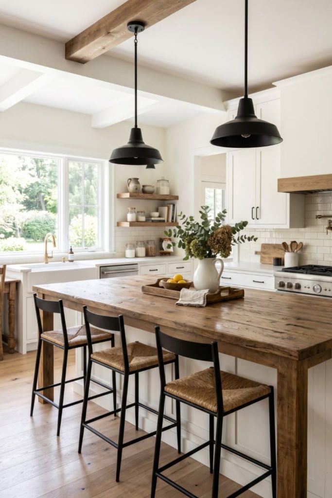 Farmhouse kitchen island with butcher block.