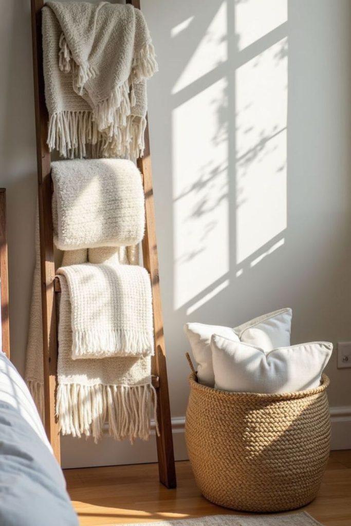 Wooden ladder displaying folded cozy blankets.