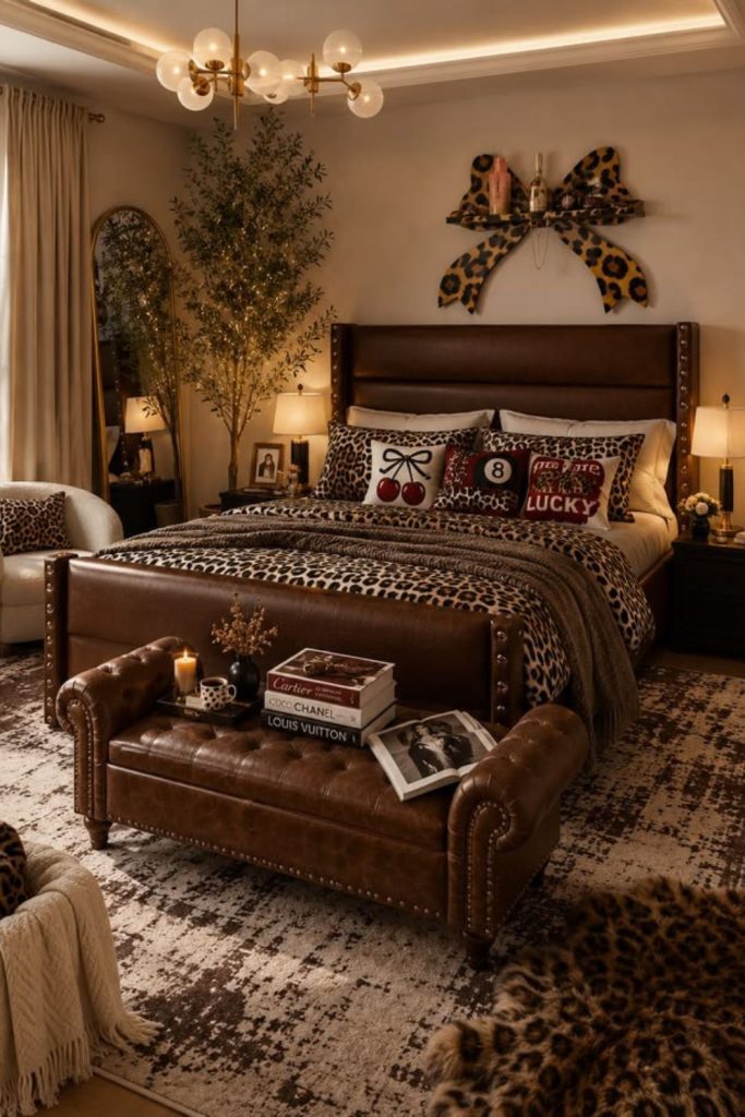 Farmhouse leopard bedroom with rustic accents.