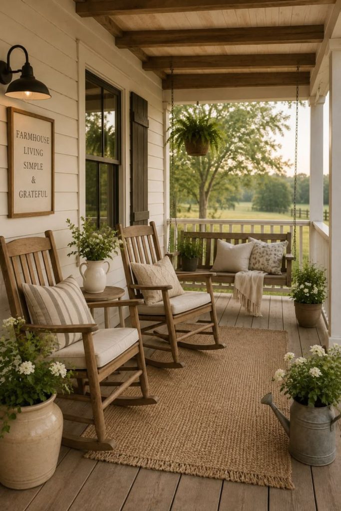 Farmhouse porch with rocking chairs.