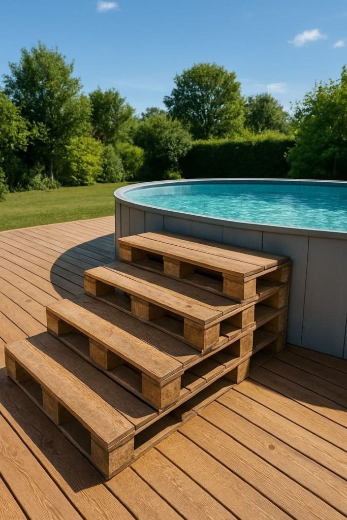 Farmhouse timber pool ladder with rails.