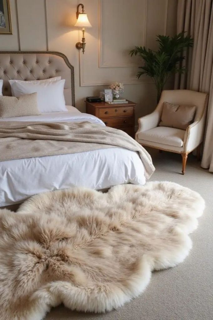 Faux fur luxurious bedroom carpet accent.