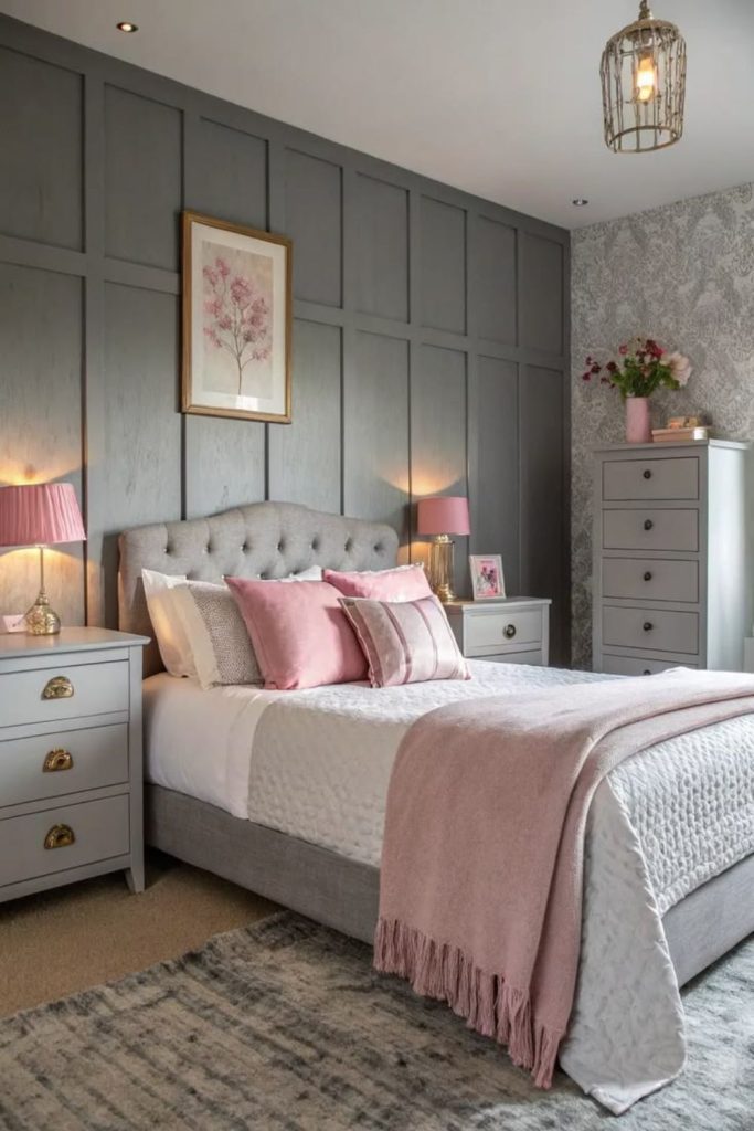 Feminine grey bedroom with pink accents.