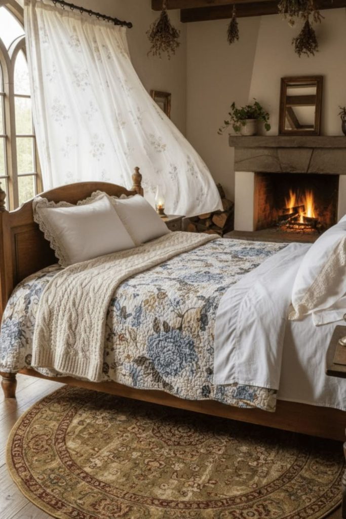 Fireside cottage bedroom with cosy quilts