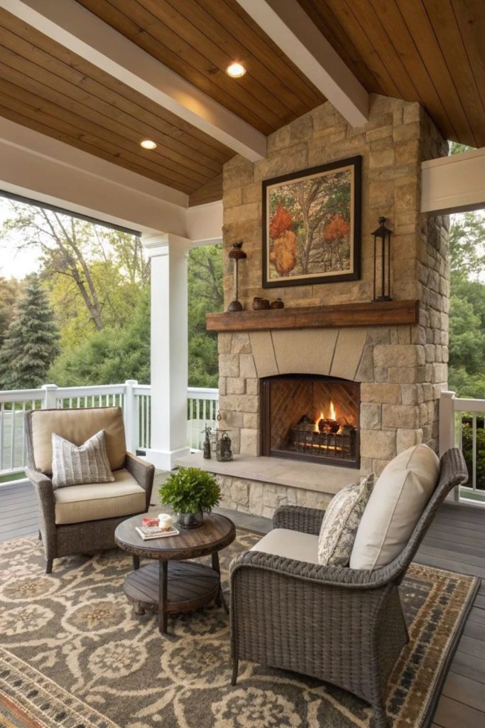 Cozy fireside covered porch seating area.