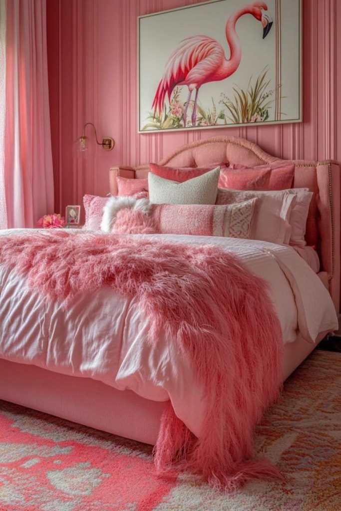 Flamingo pink bedroom with tropical accents.