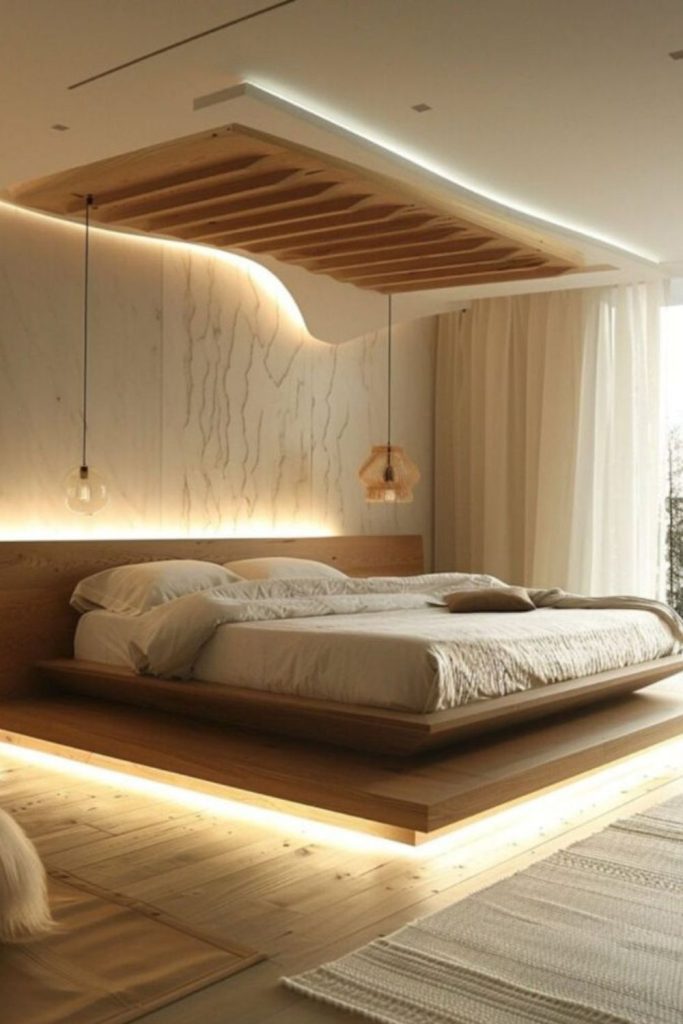 Floating bed with hidden LED glow.
