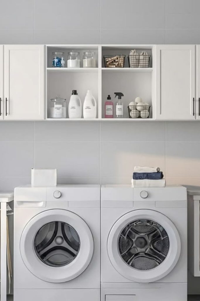 Floating minimalist laundry room cabinets.