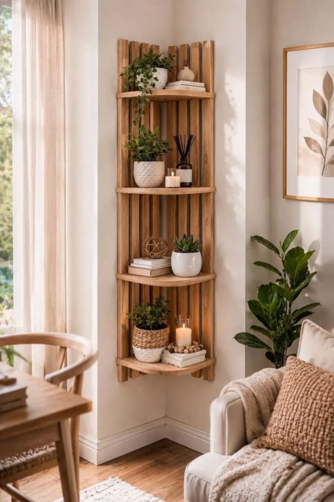 Floating corner shelves holding indoor plants.