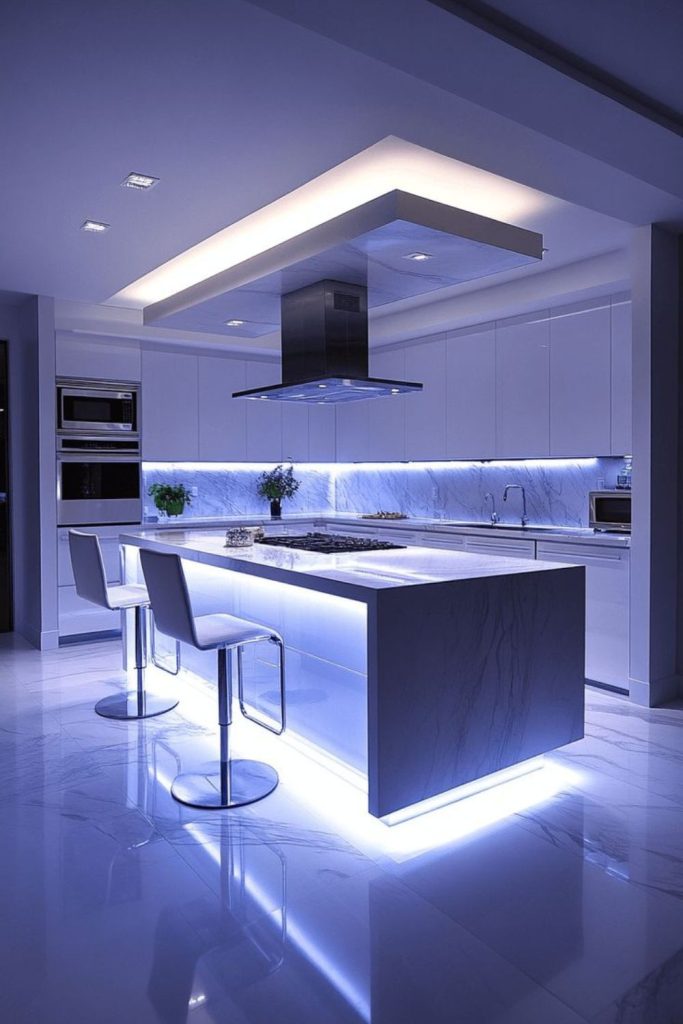 Floating modern kitchen island with lighting.