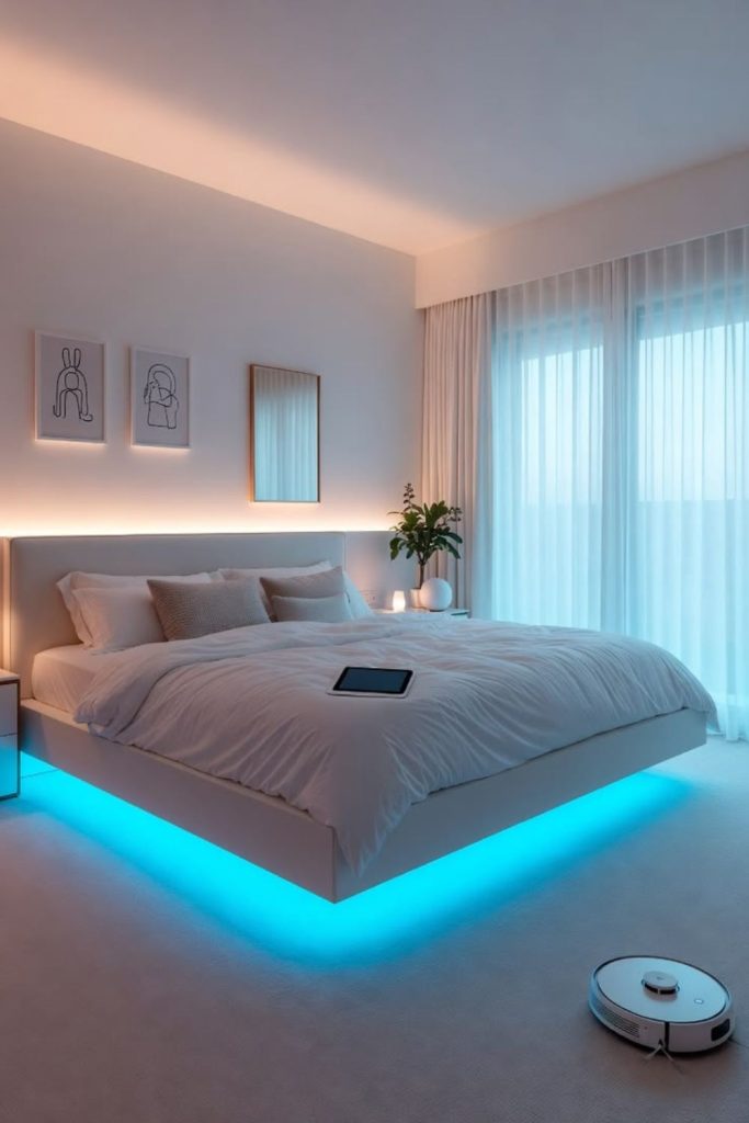 Floating LED platform modern bed.