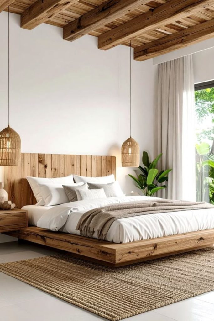 Floating oak platform bed with lighting.