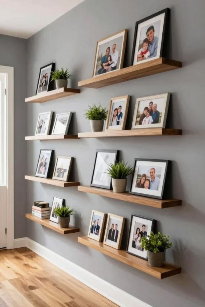 Floating picture ledge with framed artwork.