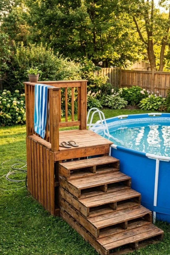 Farmhouse timber pool ladder with rails.