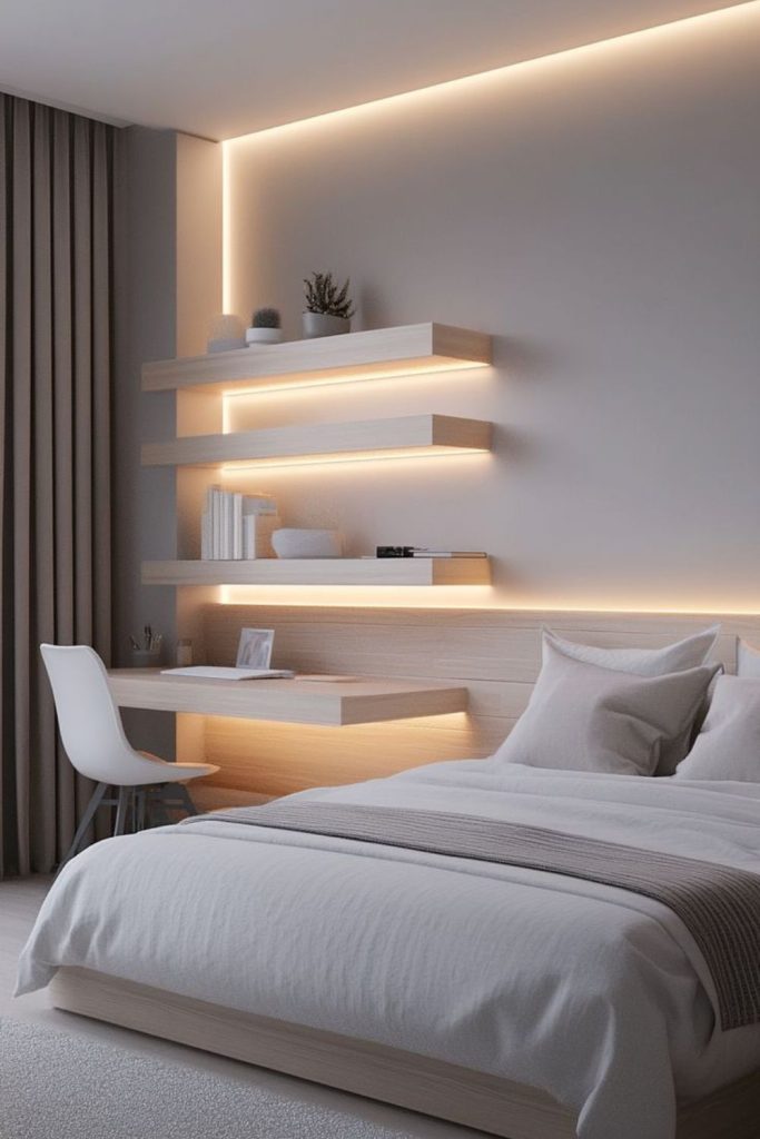 Floating shelf desk in bedroom corner.