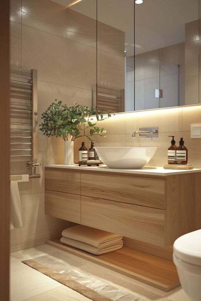 Floating vanity small bathroom interior.