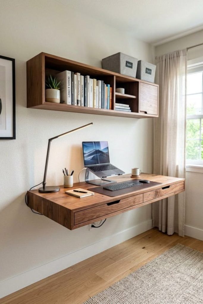 Floating walnut bedroom desk with shelves.